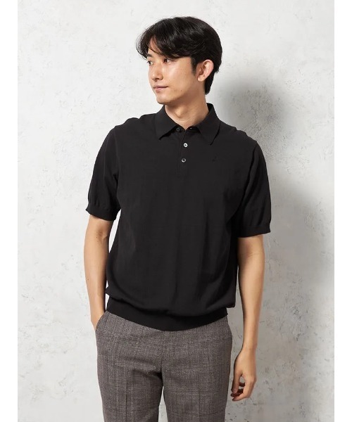 キャトルズ Knit polo shirt ニット ポロシャツ ブラック 黒 2 Adoon plain ポロシャツ COLLAR LINE KNIT POLO SHIRT / ピスネーム