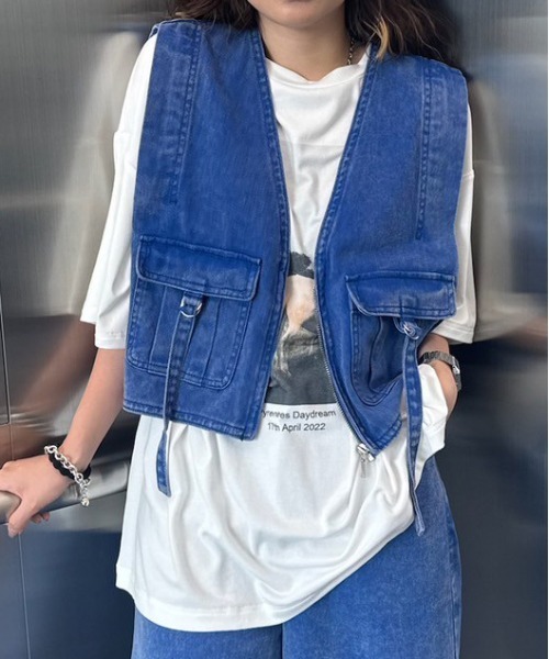 Ameri（アメリ） ベスト ジレ COMPACT FADE DENIM VEST レディース