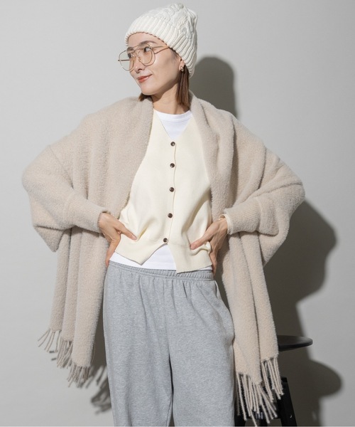 カーディガン モールニット フリンジポンチョカーデ レディース