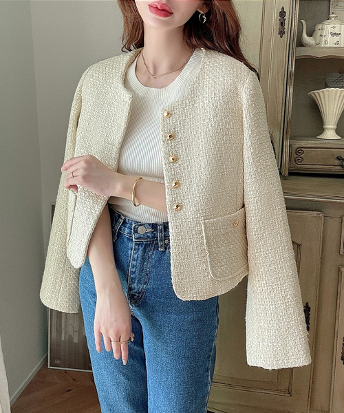 「Meiru」 ツイードジャケット MEDIUM アイボリー レディース_画像6