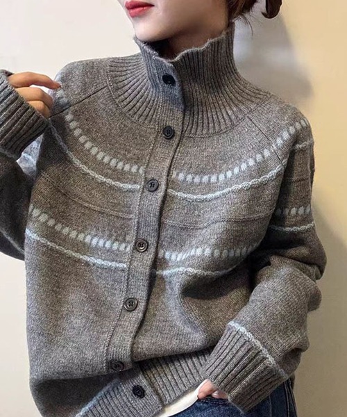 カーディガン ハイネックステッチ風デザインニットカーディガン