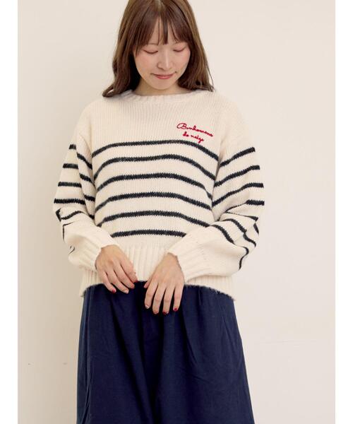 ベイジ BEIGE ロゴ刺繍パネル セーター ニット Mos2（サマンサモスモス） Samansa ネイビー 4 長袖 セーター ニット ボーダー ウール トップス