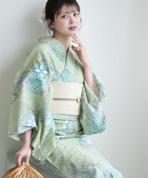 クリームソーダ風 絞り 浴衣 黄緑 輪繋ぎ utatane 浴衣 有松絞り浴衣3点セット 風ひかる花 レディース