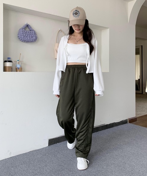 スウェットパンツ ワイドレッグ サイドライン スポーティ ルーズ レディース サイドライン入りスポーティスウェットパンツ パンツ