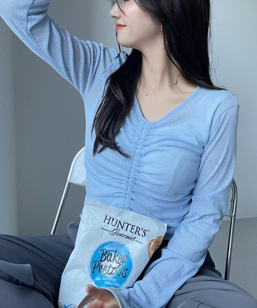 アリシア/ドロストTシャツ Ada. tシャツ フロント ドロスト シアー クロップド プル