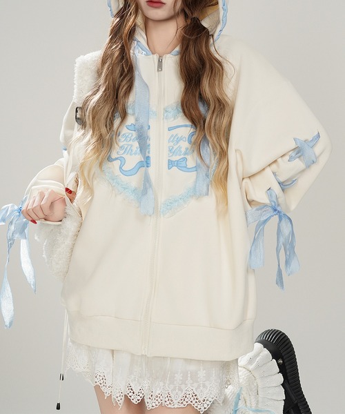 パーカー 「HOOK」for girls リボン編み上げジップパーカー