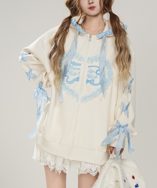 パーカー 「HOOK」for girls リボン編み上げジップパーカー