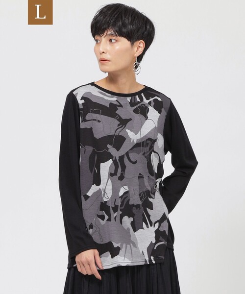 tシャツ 「L」「ウォッシャブル」アニマルシルエットプリントプルオーバーカットソー レディース