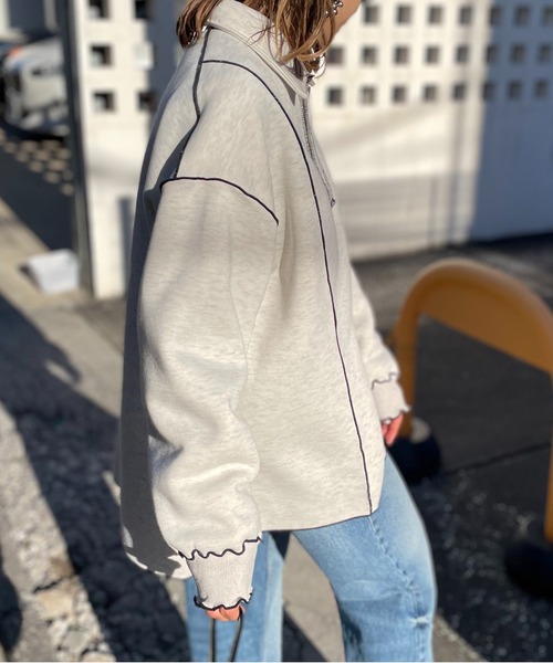 トレーナー スウェット ウラケ裏起毛 配色メロー オーバーサイズ ポロスウェット レディース メンズ mi via loca トレーナー スウェット ウラケ裏起毛 配色メロー