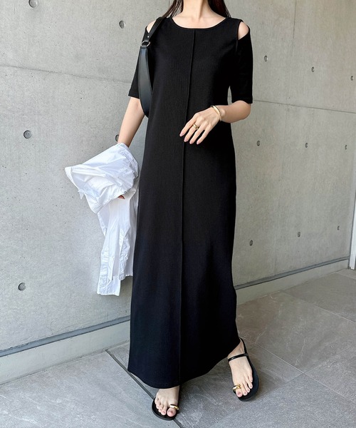 andme（アンドミー） ワンピース 夏 半袖 テレコリブ肩スリット半袖