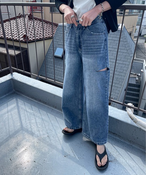 [feepur] повреждение обработка Denim брюки MEDIUM черный женский 