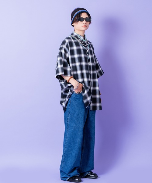 シャツ 半袖 a.p.o.v. オンブレブロックチェックオーバーサイズシャツ