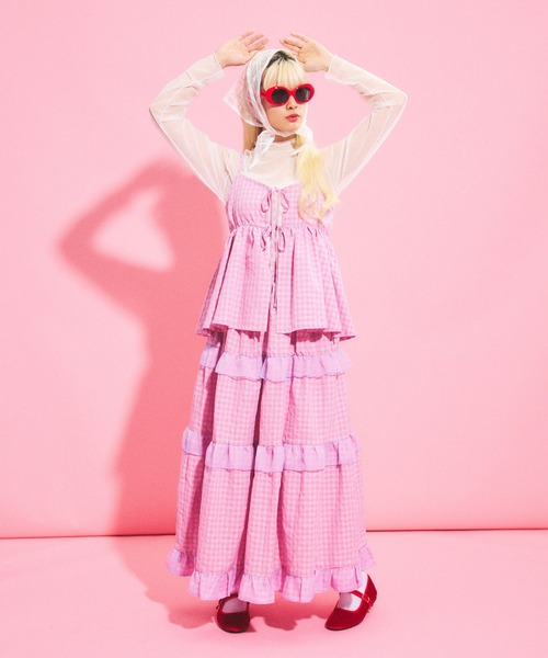 【タグ付き未使用】ピンクハウス　フリルティアードロングスカート　ギンガム PUNYUS（プニュズ） スカート ギンガムチェックフリルティアードロング
