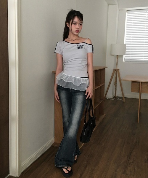 ハイウエストダークグレー ブーツカットデニム ツーボタンハイウエストブーツカットデニムパンツ