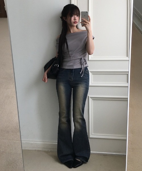 ハイウエストダークグレー ブーツカットデニム anyonemore ジーンズ デニム デニムパンツ ウォッシングハイ