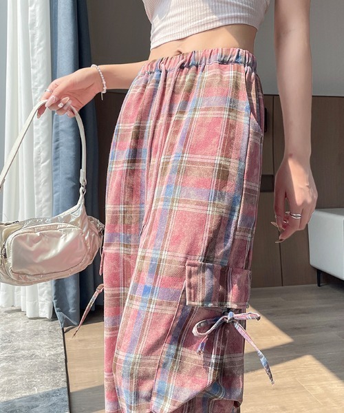 FAVORITO パンツ サイドリボンがかわいい♪カラフルチェックワイド