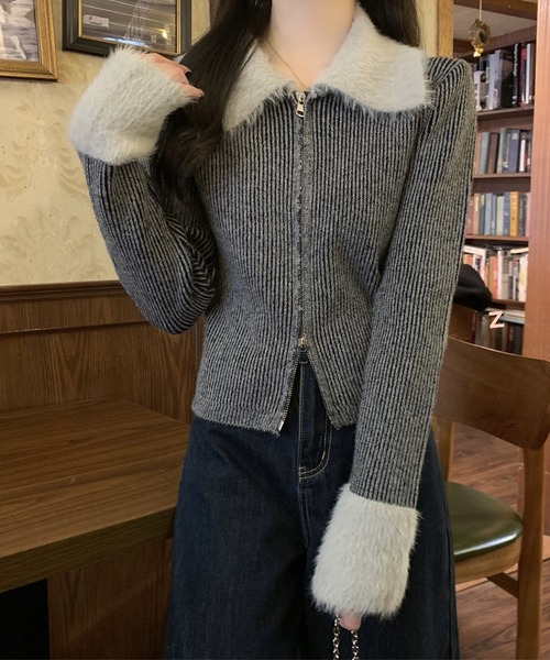 Lace Ladies（レースレディース） カーディガン 配色 ファー 襟付き