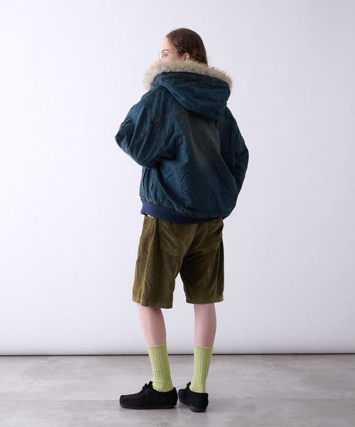 Perushu ブルゾン アウター Vintage Like Fur Hood Denim Jacket