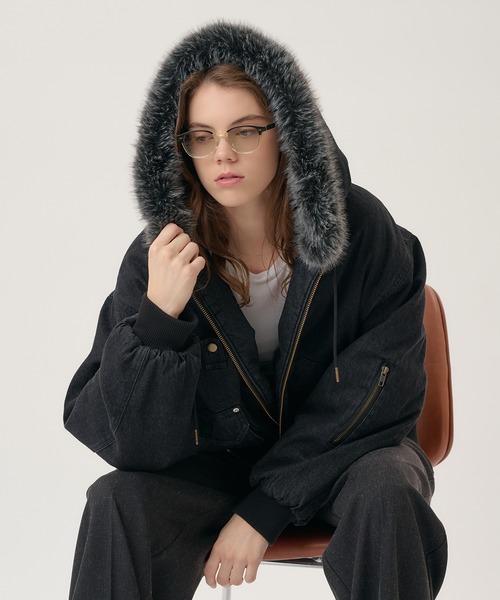 Perushu ブルゾン アウター Vintage Like Fur Hood Denim Jacket