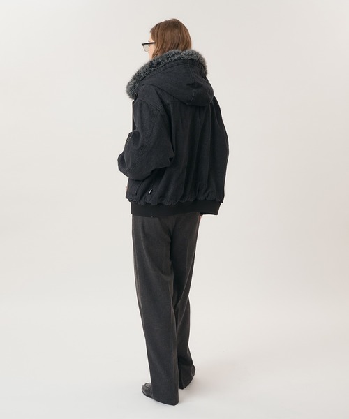 Perushu ブルゾン アウター Vintage Like Fur Hood Denim Jacket