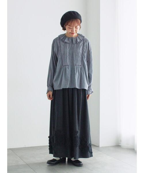 スカート 裾フラワー柄フリル刺繍スカート 裾刺繍 スカート