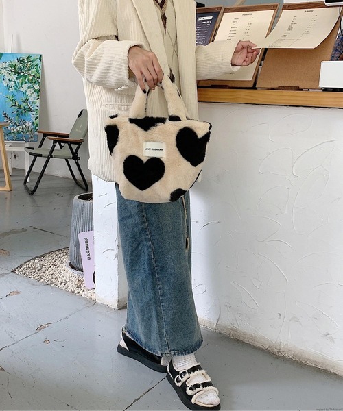 VIBGYOR トートバッグ Liaa/ ハート柄ファー バッグ A18140 レディース