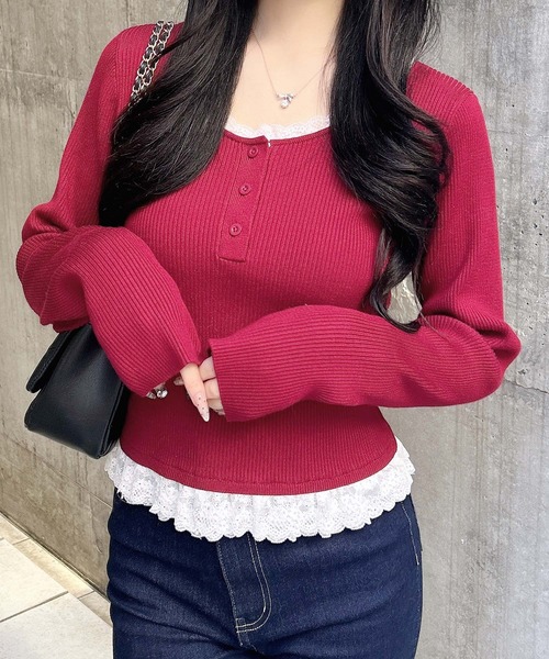 INGNI（イング） ニット セーター 12Gヘンリーネックフリルレース付