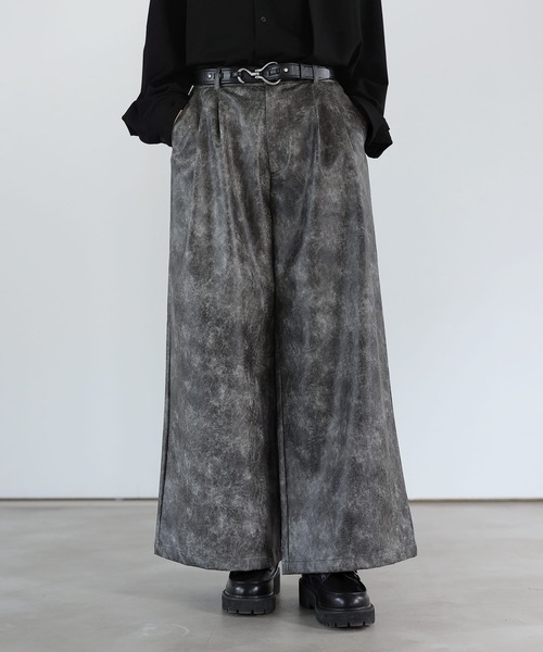 SOCCE スラックス ヴィンテージ加工ワイドフレア合皮スラックス メンズ