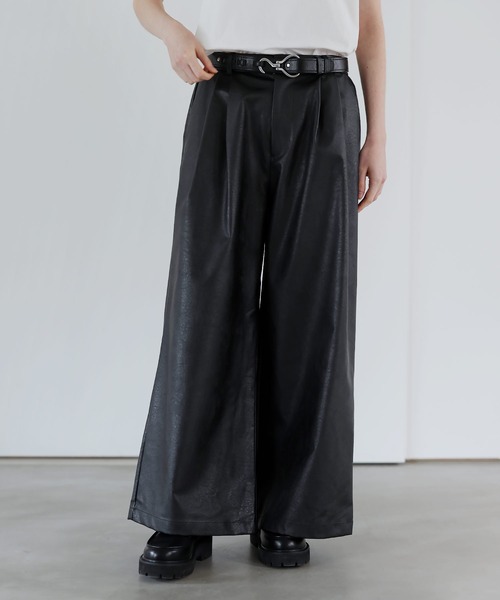 SOCCE スラックス ヴィンテージ加工ワイドフレア合皮スラックス メンズ