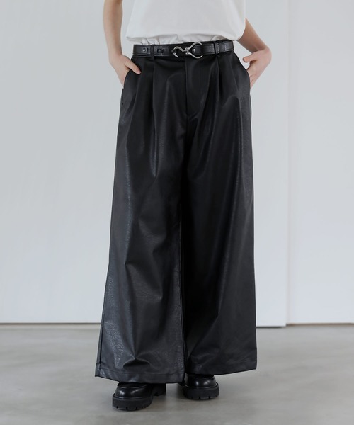 SOCCE スラックス ヴィンテージ加工ワイドフレア合皮スラックス メンズ