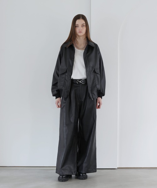 SOCCE スラックス ヴィンテージ加工ワイドフレア合皮スラックス メンズ