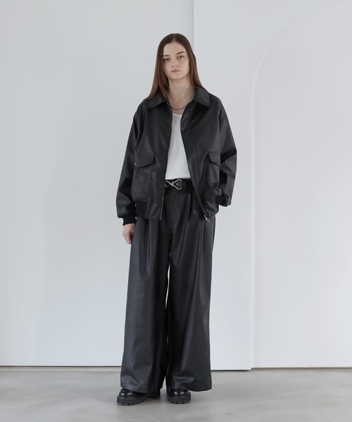 SOCCE スラックス ヴィンテージ加工ワイドフレア合皮スラックス メンズ