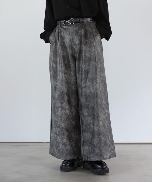 SOCCE スラックス ヴィンテージ加工ワイドフレア合皮スラックス メンズ