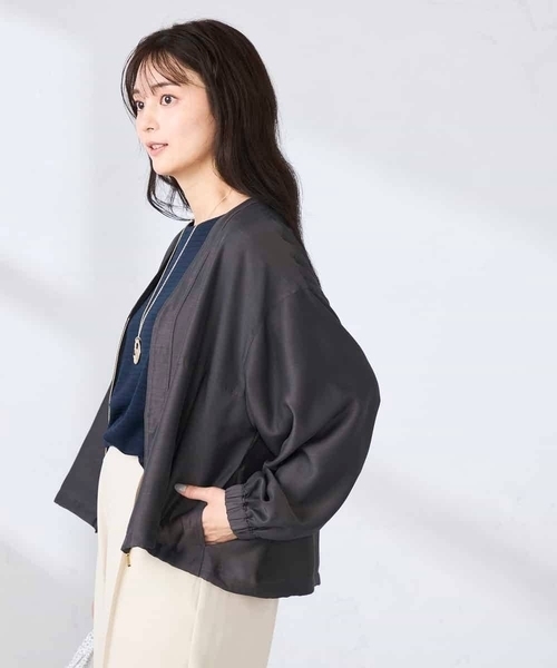 ジャケット ノーカラージャケット Vネックシアーブルゾン レディースの画像