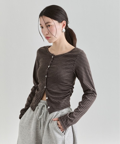 NUJOH tシャツ Stripe Button Top / ボーダーボタンカットソートップス