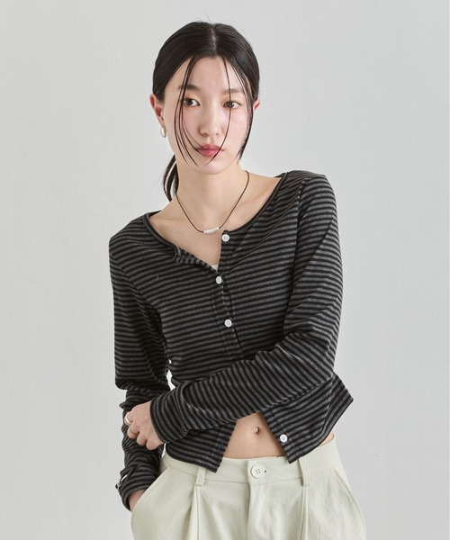 NUJOH tシャツ Stripe Button Top / ボーダーボタンカットソートップス