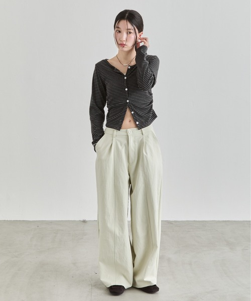 NUJOH tシャツ Stripe Button Top / ボーダーボタンカットソートップス