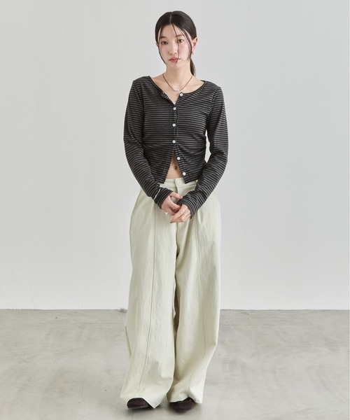 NUJOH tシャツ Stripe Button Top / ボーダーボタンカットソートップス