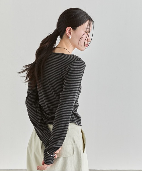 NUJOH tシャツ Stripe Button Top / ボーダーボタンカットソートップス