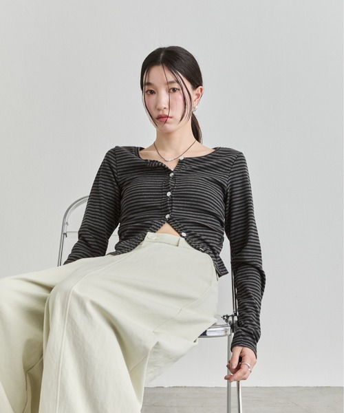 NUJOH tシャツ Stripe Button Top / ボーダーボタンカットソートップス