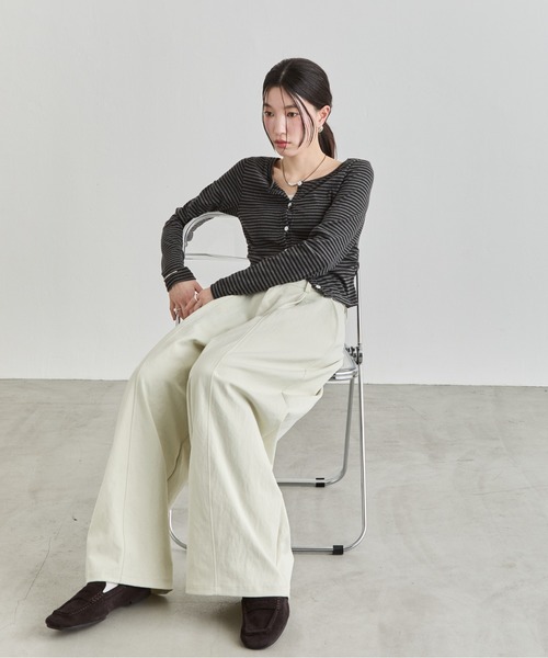 NUJOH tシャツ Stripe Button Top / ボーダーボタンカットソートップス