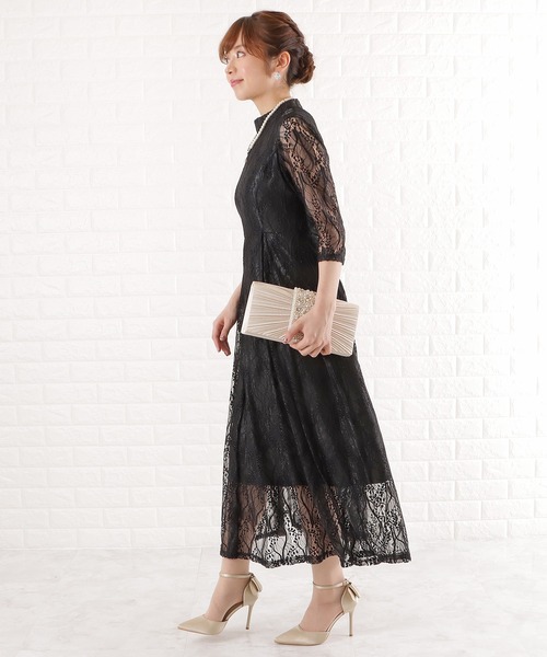 「Lace Ladies」 7分袖ワンピース S グレー レディース_画像4