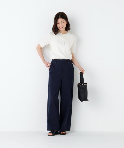 ワイドパンツ パンツ 「名品/4サイズ展開」サッカーファインストライプセミワイドパンツ レディースの画像