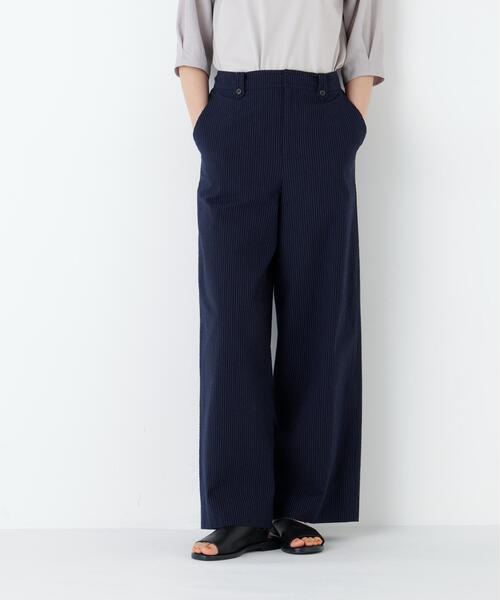 ワイドパンツ パンツ 「名品/4サイズ展開」サッカーファインストライプセミワイドパンツ レディースの画像