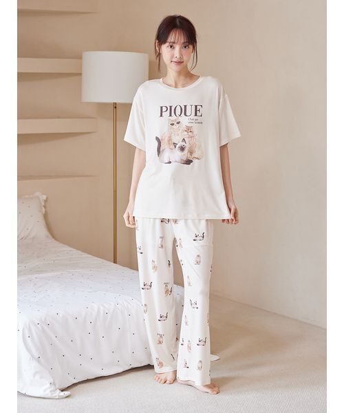 パジャマ ルームウェア ファッションCATS＆DOGS柄ロングパンツ レディースの画像