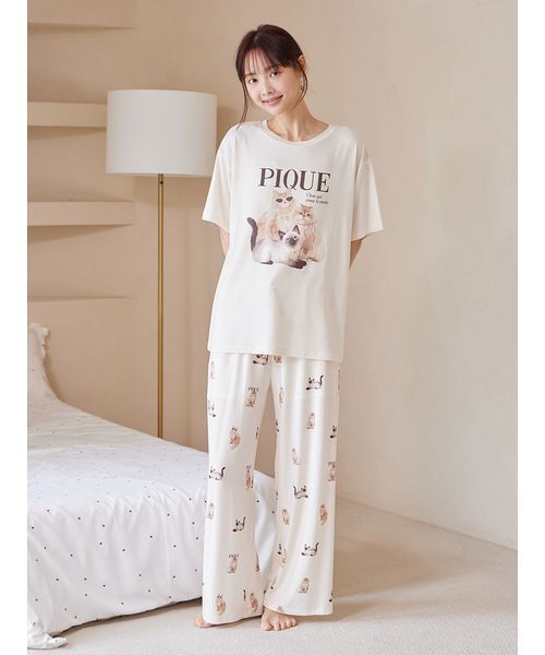 パジャマ ルームウェア ファッションCATS＆DOGS柄ロングパンツ レディースの画像