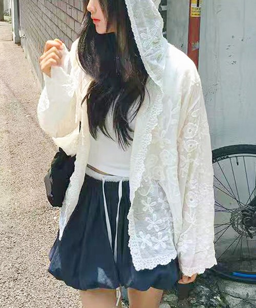 core core カーディガン 「冷房・UV対策にも」花柄刺繍レースフード