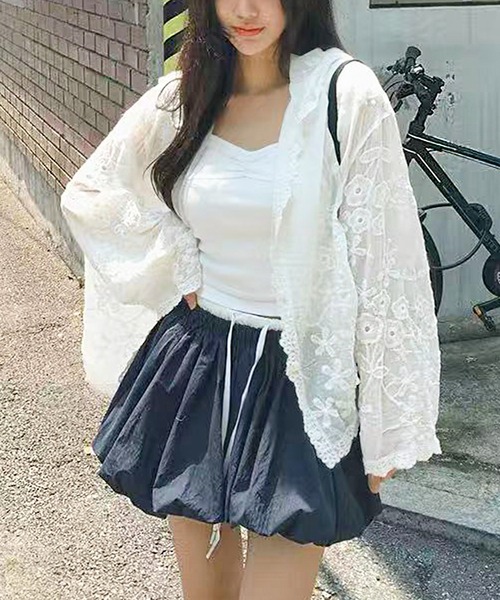 core core カーディガン 「冷房・UV対策にも」花柄刺繍レースフード