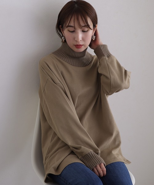 tシャツ ニットドッキング裏起毛プルオーバー レディース