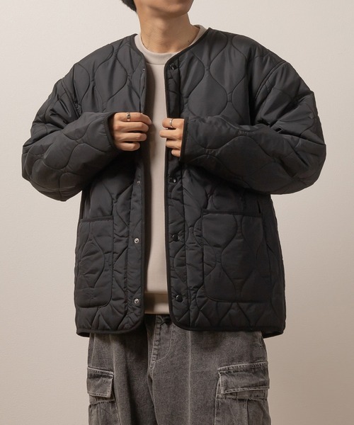ジャケット ノーカラージャケット ポリシレーノーカラーキルティング